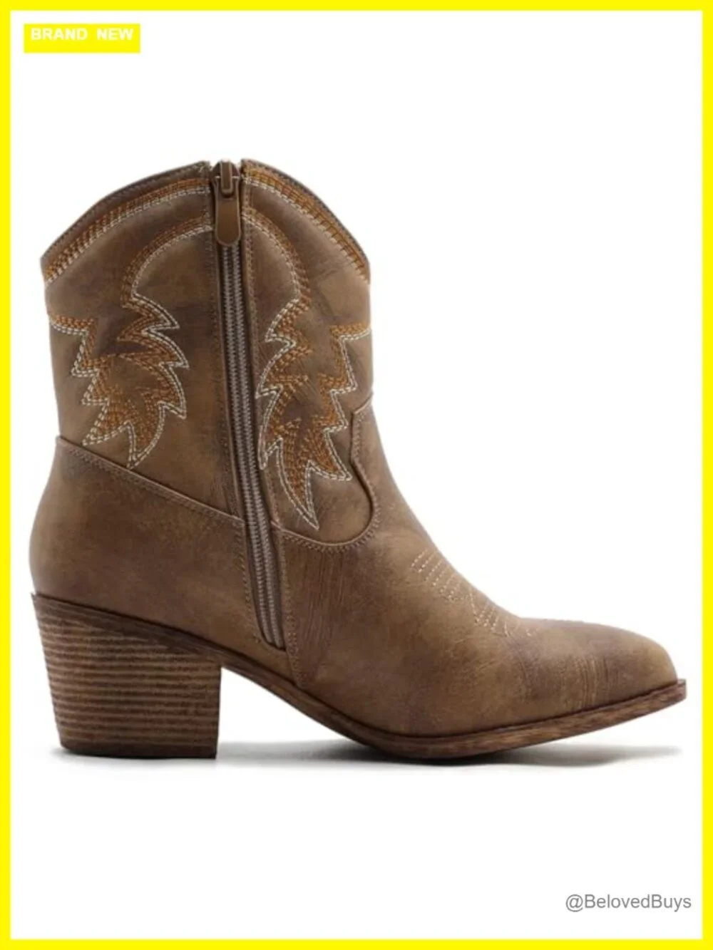 Cowgirl Ankle Boots with Embroidered Stitching Western Boots Low Heel Side